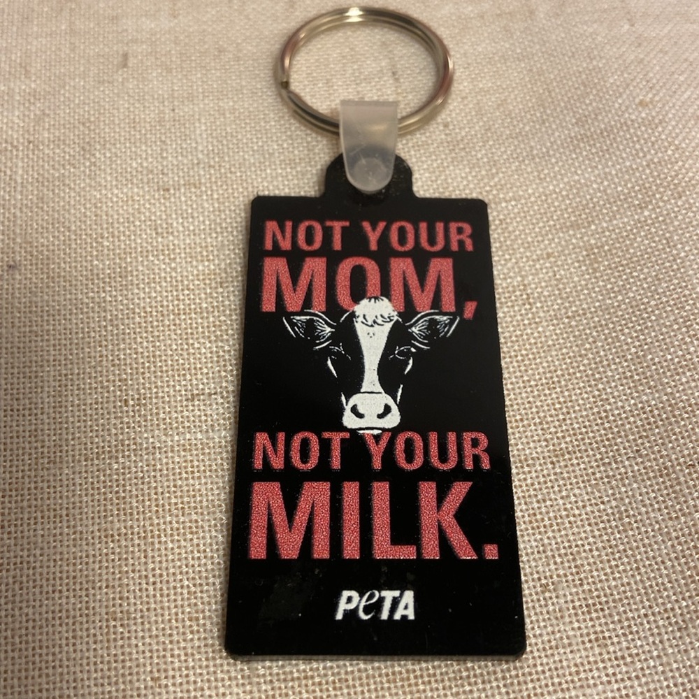 Not your Mom not your milk keychain Peta Black Pink Cow Design vegan vegetarian